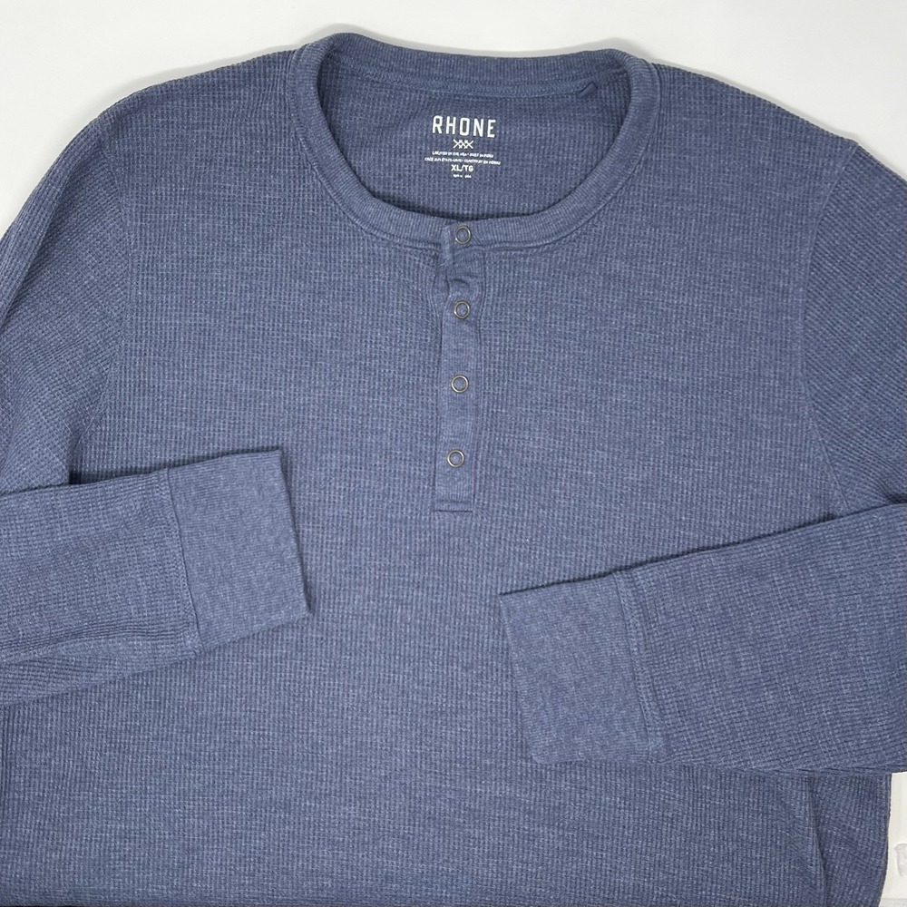 Rhone Waffle Henley Shirt XL Blue Crew Neck Thermal Long Sleeve Snap Button